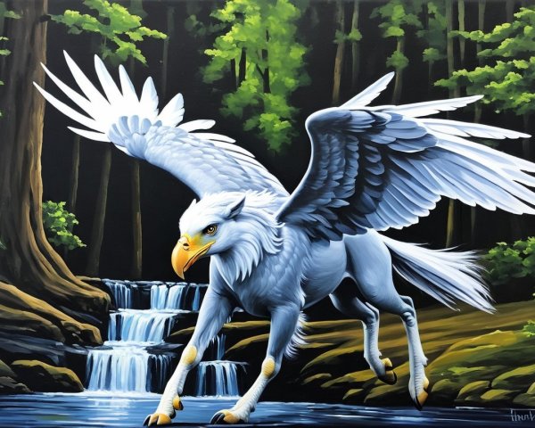 Majestic griffin soaring over a tranquil forest scene