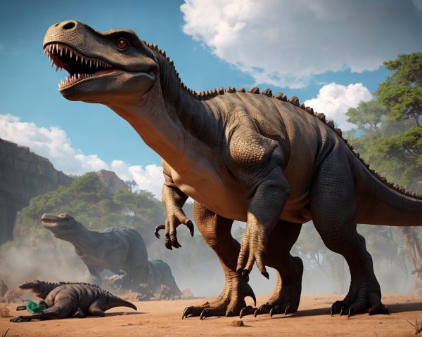 Prehistoric Landscape with Dinosaurs and Rugged Terrain
