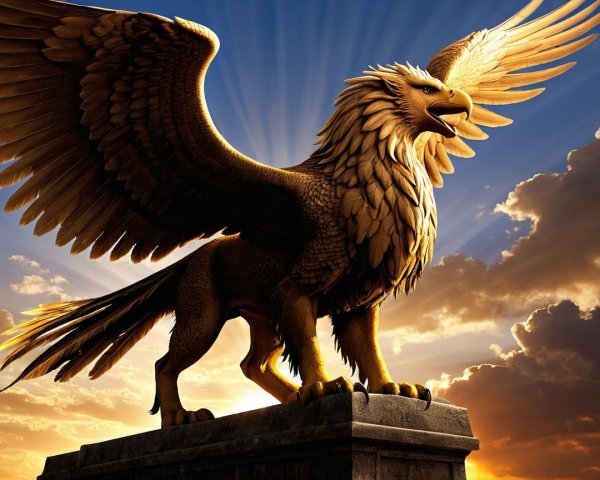 Griffin on Stone Pedestal with Vibrant Sky Background