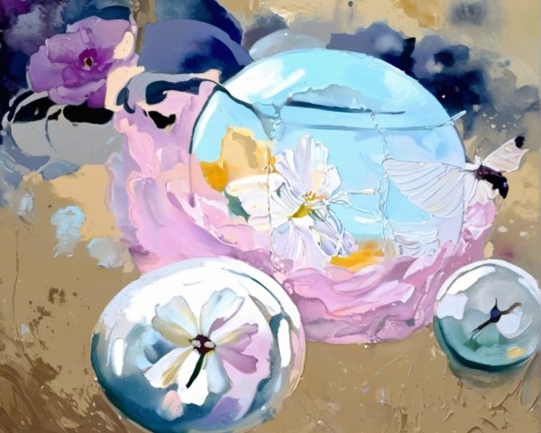 Delicate Flowers in Transparent Orbs with Butterflies