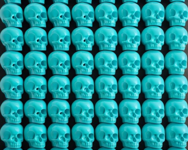Grid of 64 Turquoise Plastic Skulls in Uniform Pattern