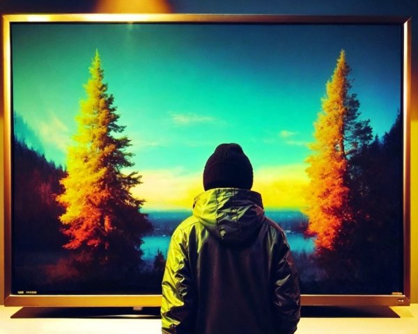 Individual Observing Vibrant Landscape on TV Screen
