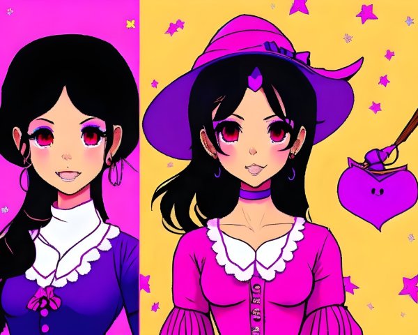 Stylized Characters with Black Hair and Pink Eyes