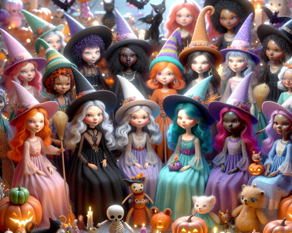 Diverse Dolls in Colorful Witch Costumes at Halloween