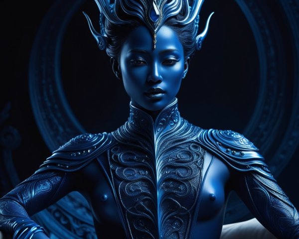 Intricate Blue Armor with Regal Designs and Ethereal Aura
