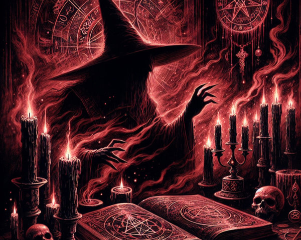 Shadowy Figure Conjuring Dark Magic with Artifacts