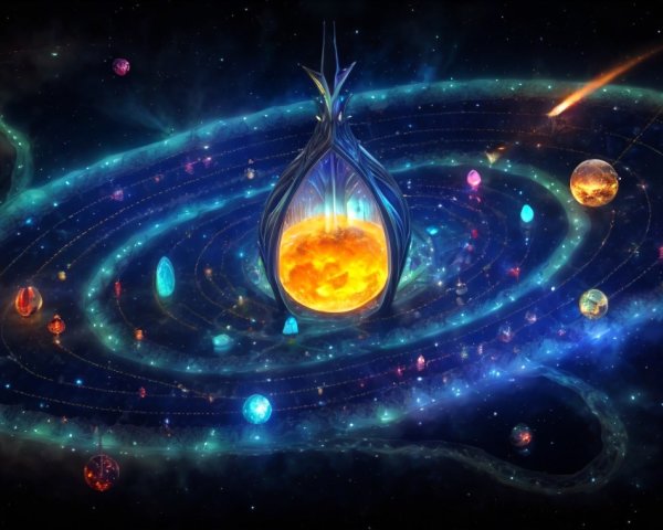 Vibrant Cosmic Scene with Glowing Orb and Planets