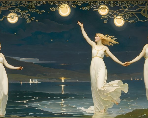 Ethereal Figures by Serene Water Under Starry Sky