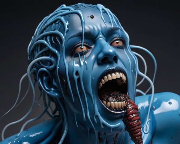 Surreal Figure with Blue Skin and Tentacle Strands