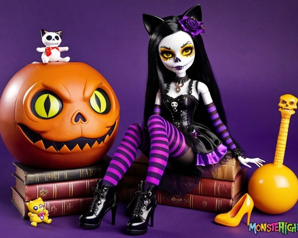 Spooky Doll and Halloween Decor with Figurines and Pumpkin