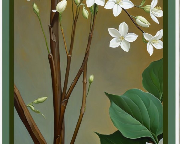 Still-Life Painting of White Flowers and Green Leaves