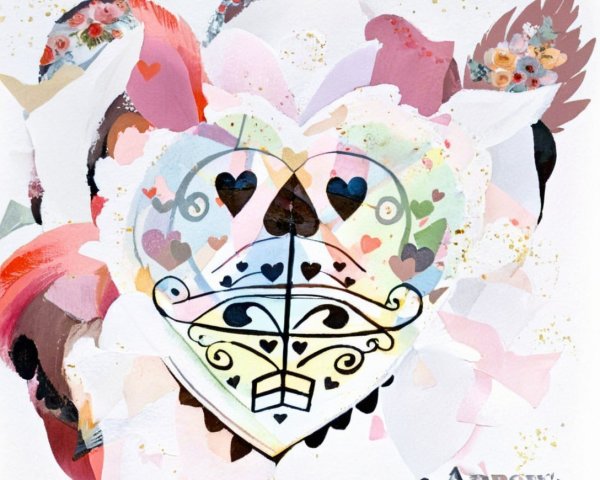 Heart-Shaped Artwork with Intricate Black Designs