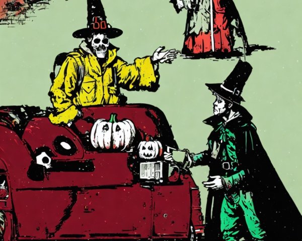 Whimsical Halloween Scene with Skeletons and Costumes