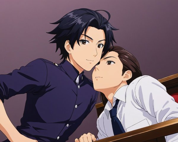 Young men sharing a playful moment against purple backdrop