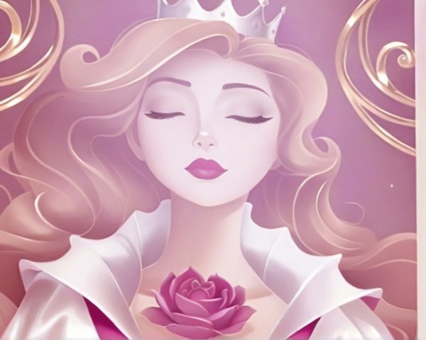Serene princess with crown and pink rose in pastel hues
