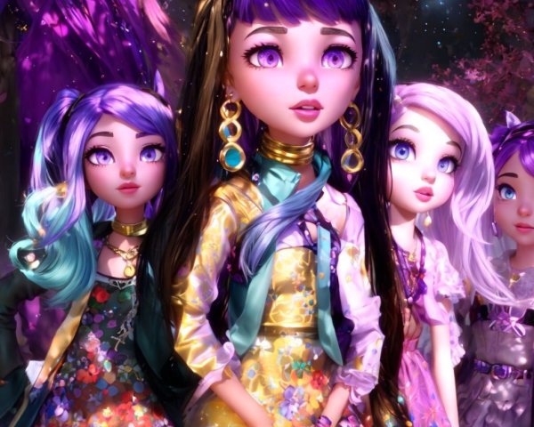 Vibrant Fantasy Scene with Four Stylized Girls