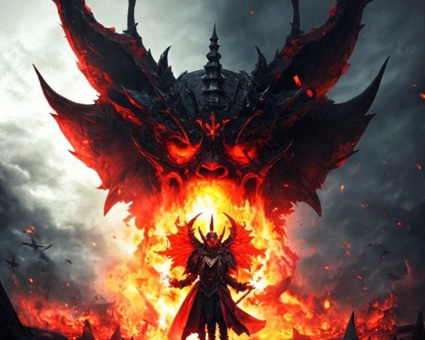 Ominous Figure Before Colossal Fiery Demon Face