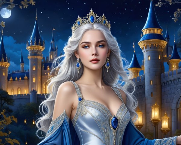 Princess in Elegant Gown Before Majestic Castle at Night