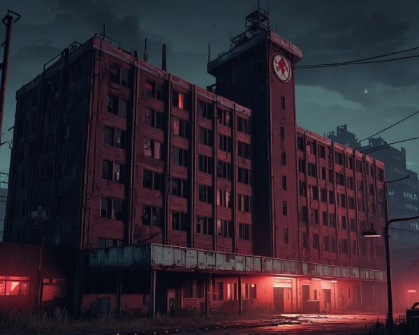 Dilapidated Building with Clock Tower and Red Glow