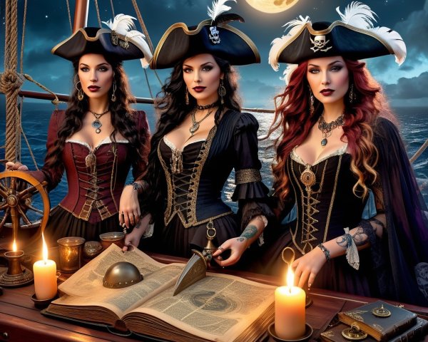 Elegant Female Pirates on Ship's Deck at Night