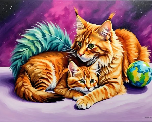 Vibrant Painting of Maine Coon Cats in Cosmic Setting