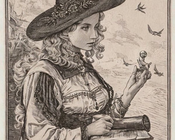 Woman in Ornate Witch Hat with Globe and Scroll