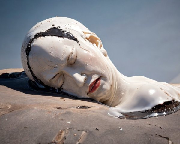 Lifelike Sculpture of Woman's Head in White Liquid