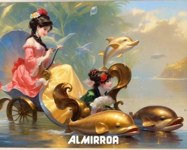 Elegant Women in Decorative Carriage Surrounded by Dolphins