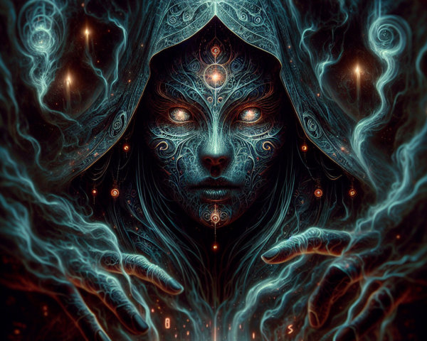 Mystical figure with glowing patterns and energy wisps