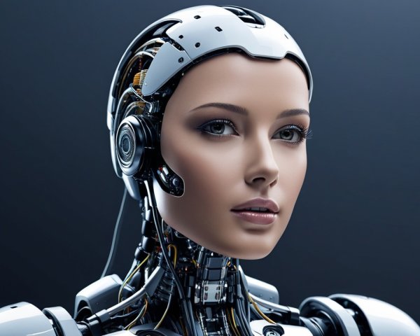 Realistic humanoid robot with sleek metallic design