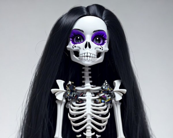 Skeleton Doll with Purple Makeup and Black Hair