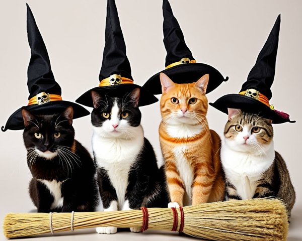 Cats in Witch Hats with Broom for Halloween Theme