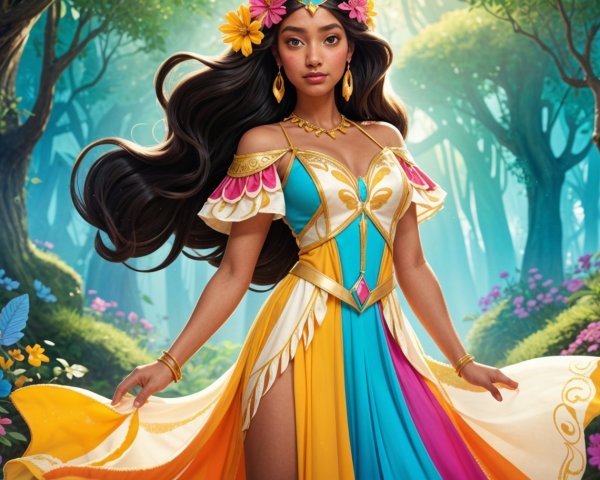 Young woman in colorful gown in vibrant forest setting