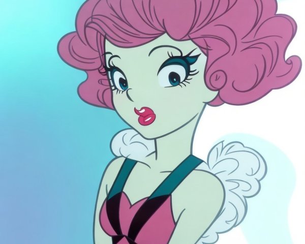 Stylized Cartoon Character with Pink Curls and Wings