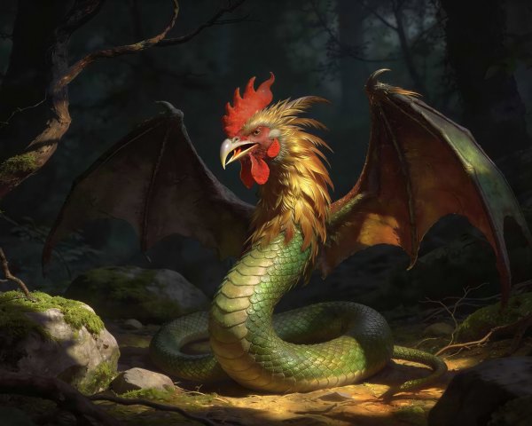 Digital Painting of a Cockatrice in a Forest Setting