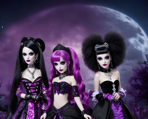 Three Elegant Dolls with Distinct Gothic Styles