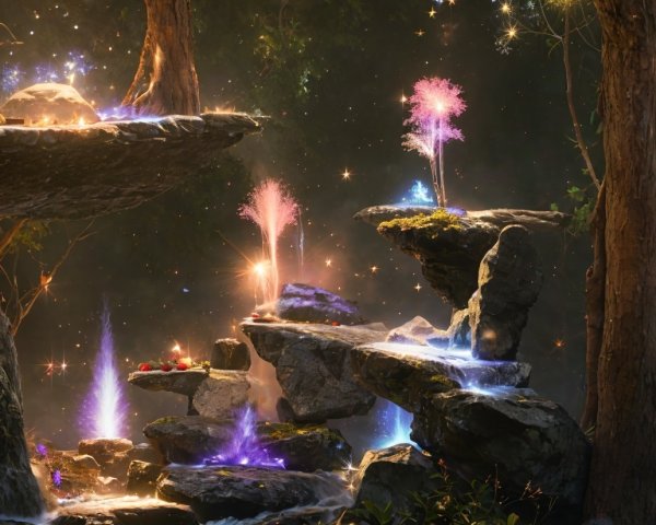 Mystical Landscape with Cascading Waterfalls and Lights