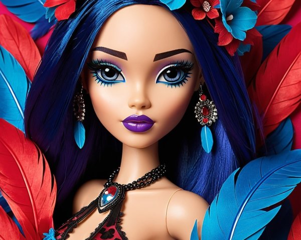 Vibrant Doll with Blue Hair and Floral Accents