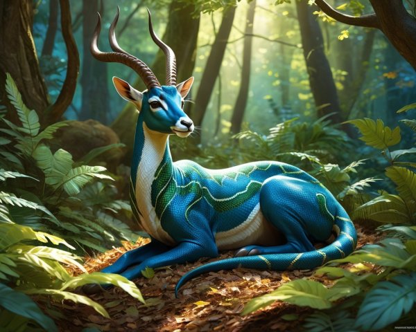 Mythical Creature with Blue Skin in Enchanted Forest