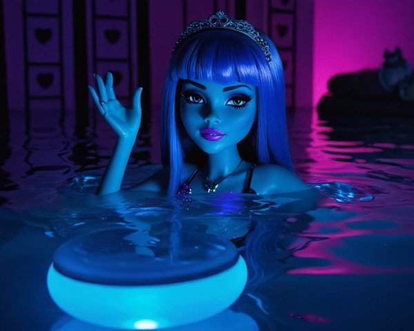 Vibrant Blue Doll in Shimmering Pool Setting