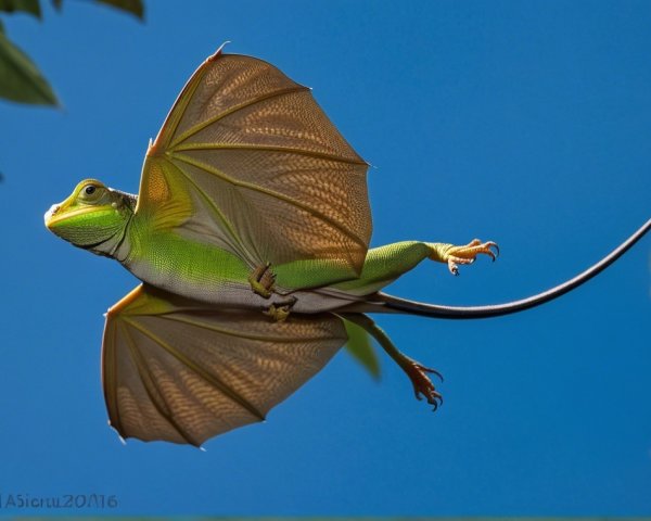 Vibrant Green Lizard Gliding Through Blue Sky