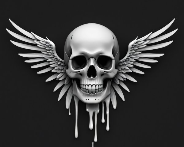 Stylized White Skull with Glossy Wings and Drips