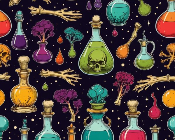 Colorful Potion Bottles in Whimsical Pattern Design