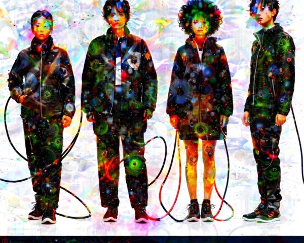 Four Individuals in Dark Outfits with Abstract Patterns