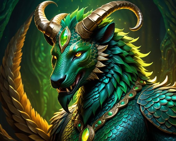Majestic mythical creature with vibrant green scales