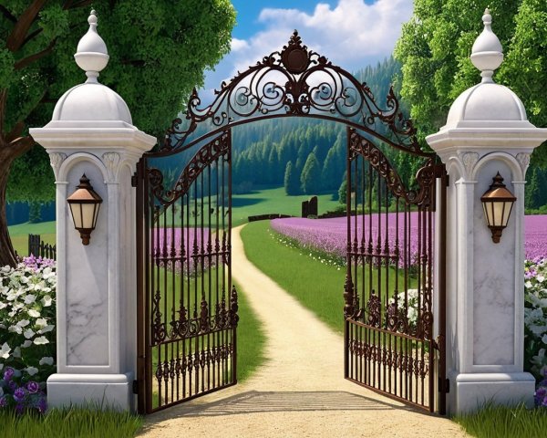 Wrought-Iron Gate with Lush Greenery and Flowers