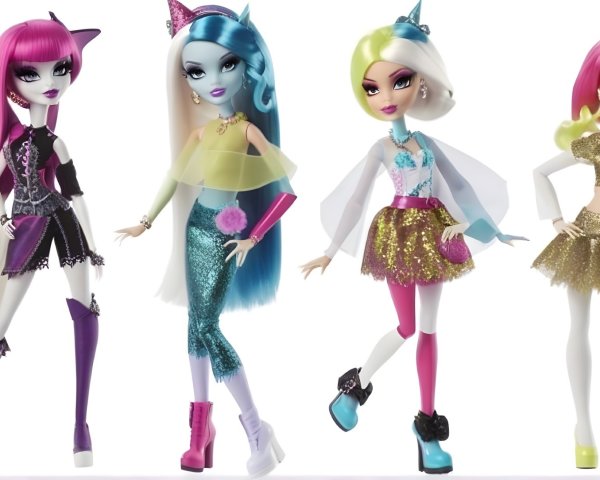 Four Stylish Dolls Display Unique Fashion Ensembles