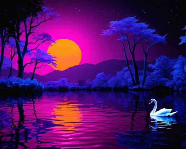 Surreal Landscape with Sunset and Reflective Lake
