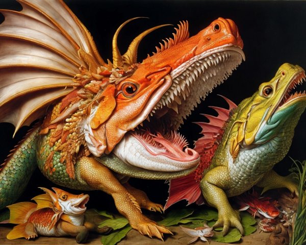 Oversized Lizard Creatures in a Fantastical Scene