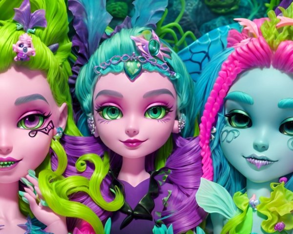 Vibrant Fantastical Dolls Against Underwater Backdrop